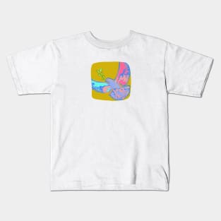 Pop art peace dove in teal and pink pastel colors on ochre yellow background Kids T-Shirt